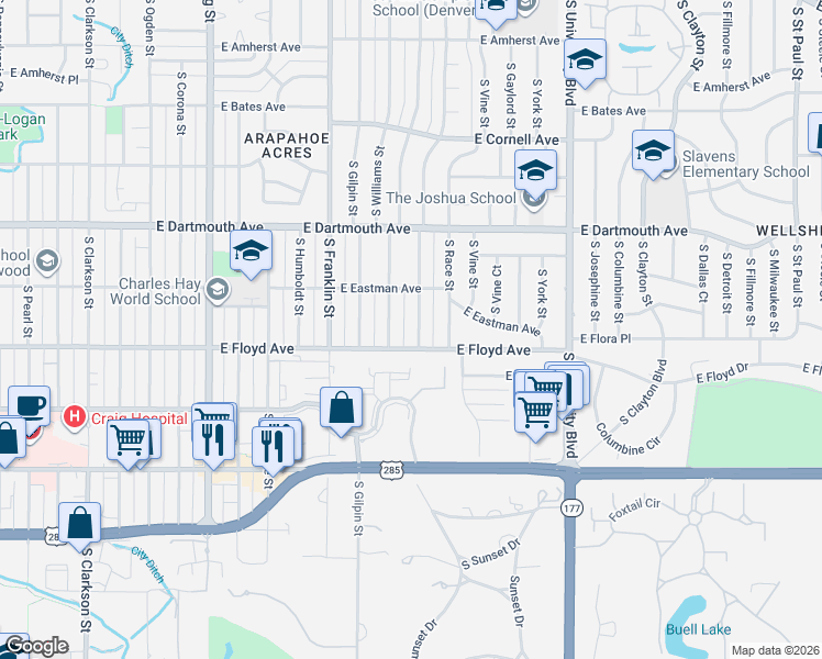 map of restaurants, bars, coffee shops, grocery stores, and more near 3265 South High Street in Englewood