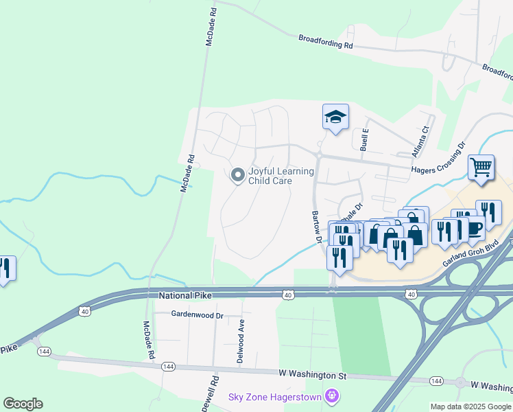 map of restaurants, bars, coffee shops, grocery stores, and more near 12403 Gemstone Drive in Hagerstown