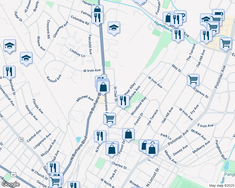 map of restaurants, bars, coffee shops, grocery stores, and more near 920 Saint Clair Street in Hagerstown