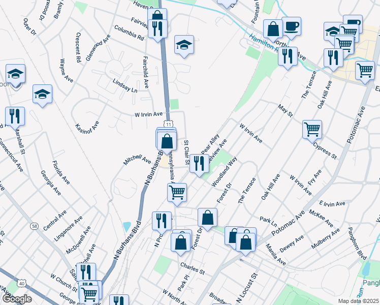 map of restaurants, bars, coffee shops, grocery stores, and more near 920 Saint Clair Street in Hagerstown