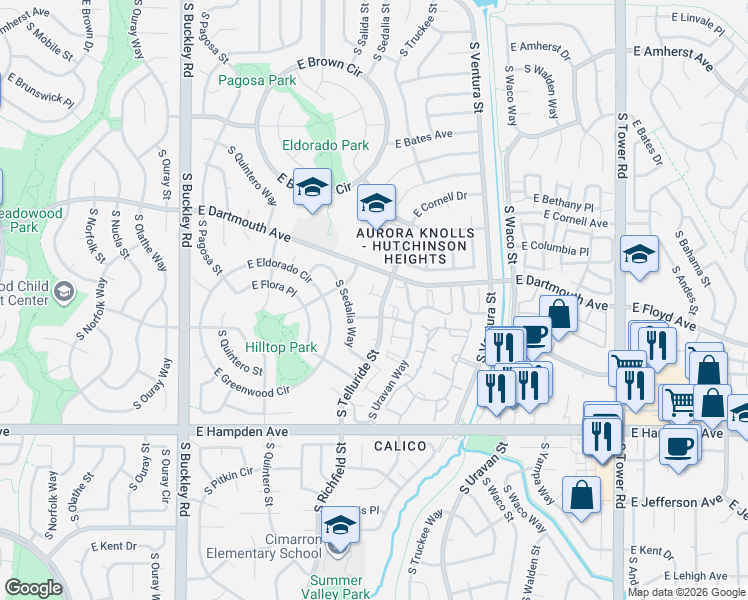 map of restaurants, bars, coffee shops, grocery stores, and more near 17715 East Eldorado Place in Aurora