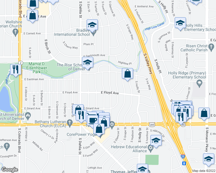 map of restaurants, bars, coffee shops, grocery stores, and more near 3288 South Fairfax Street in Denver