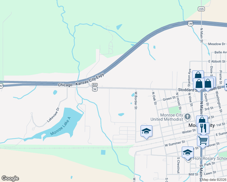map of restaurants, bars, coffee shops, grocery stores, and more near 3 Four D Drive in Monroe City