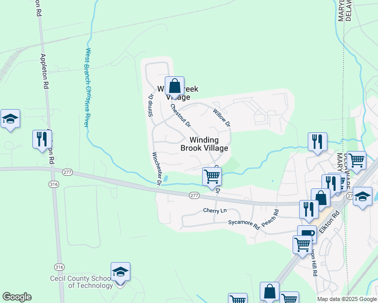 map of restaurants, bars, coffee shops, grocery stores, and more near 45 Cimarron Circle in Elkton