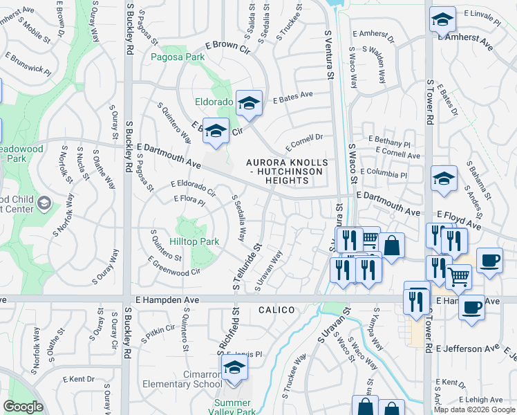 map of restaurants, bars, coffee shops, grocery stores, and more near 17715 East Eldorado Place in Aurora