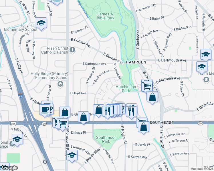 map of restaurants, bars, coffee shops, grocery stores, and more near 3280 South Oneida Way in Denver