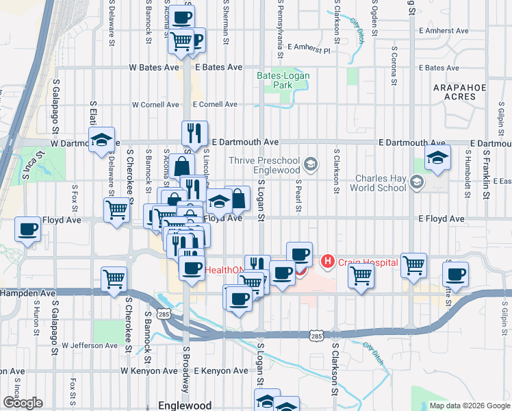 map of restaurants, bars, coffee shops, grocery stores, and more near 3291 South Logan Street in Englewood
