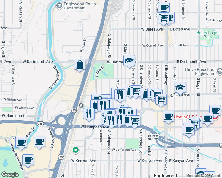 map of restaurants, bars, coffee shops, grocery stores, and more near 3290 South Galapago Street in Englewood