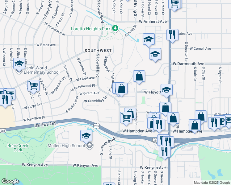 map of restaurants, bars, coffee shops, grocery stores, and more near 3405 South Knox Court in Englewood