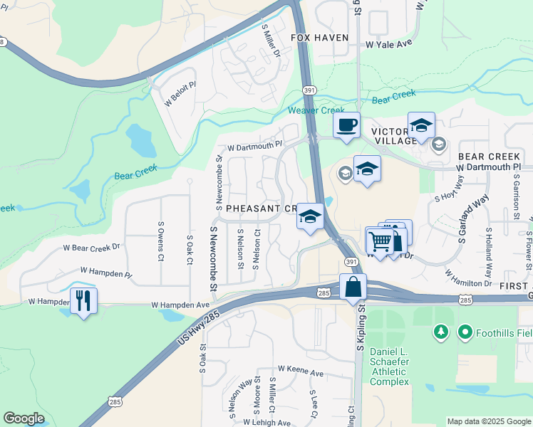 map of restaurants, bars, coffee shops, grocery stores, and more near 3310 South Nelson Court in Lakewood