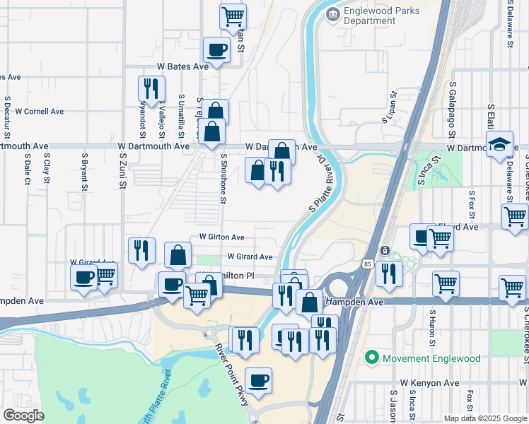 map of restaurants, bars, coffee shops, grocery stores, and more near 3245 South Platte River Drive in Englewood