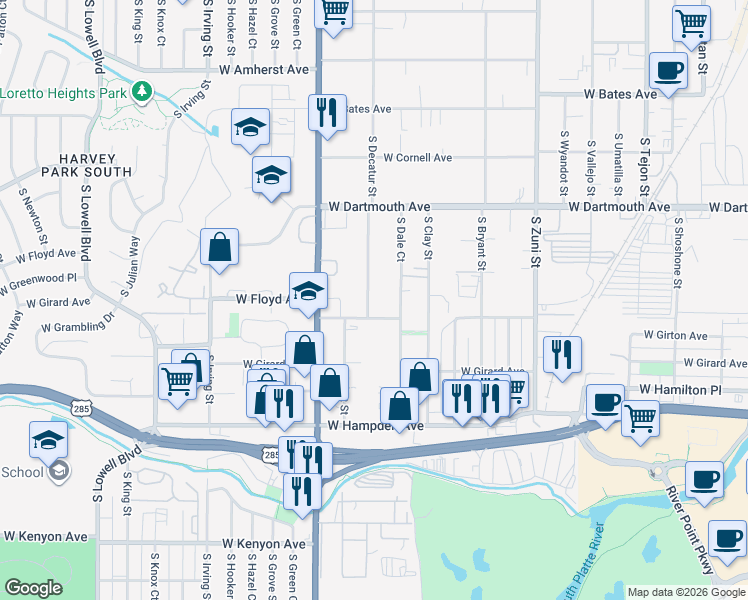 map of restaurants, bars, coffee shops, grocery stores, and more near 2751 West Floyd Avenue in Englewood