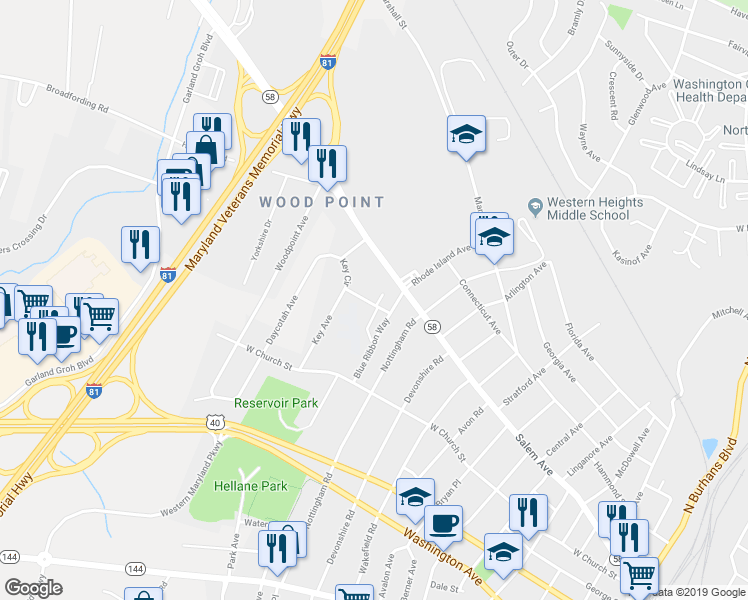 map of restaurants, bars, coffee shops, grocery stores, and more near 1330 Delaware Lane in Hagerstown