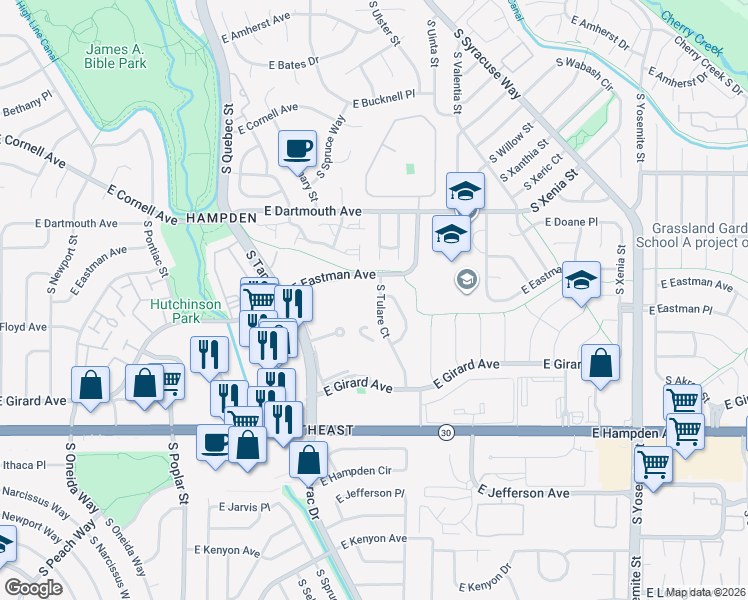 map of restaurants, bars, coffee shops, grocery stores, and more near 3300 South Tamarac Drive in Denver