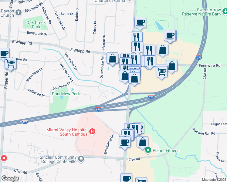 map of restaurants, bars, coffee shops, grocery stores, and more near 2654 South Kings Arms Circle in Dayton