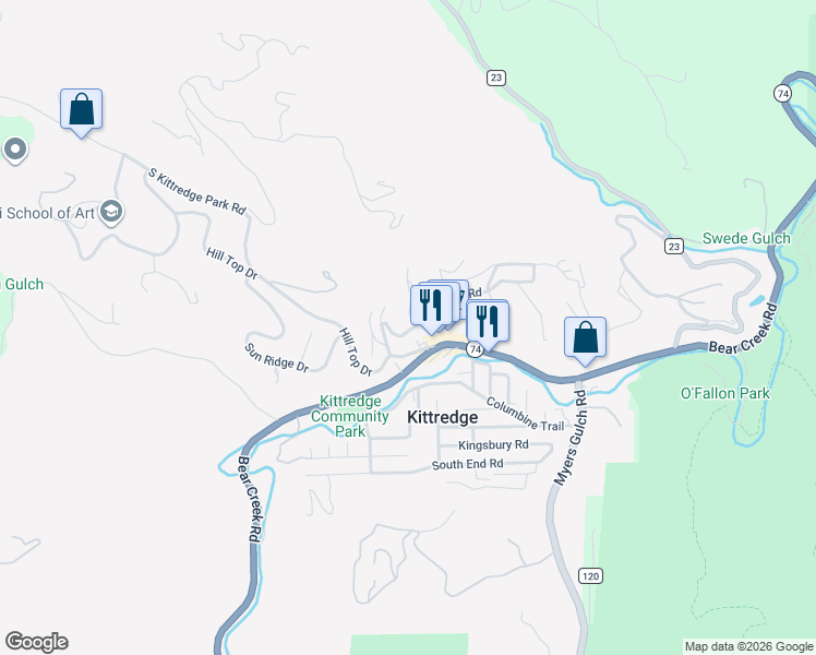 map of restaurants, bars, coffee shops, grocery stores, and more near 26351 Hill Top Drive in Evergreen