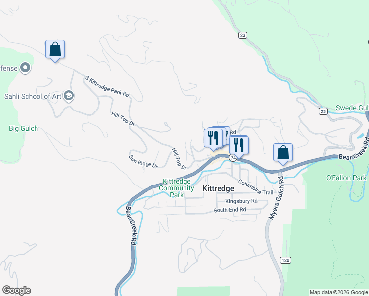 map of restaurants, bars, coffee shops, grocery stores, and more near 3367 B Russell Gulch Road in Evergreen