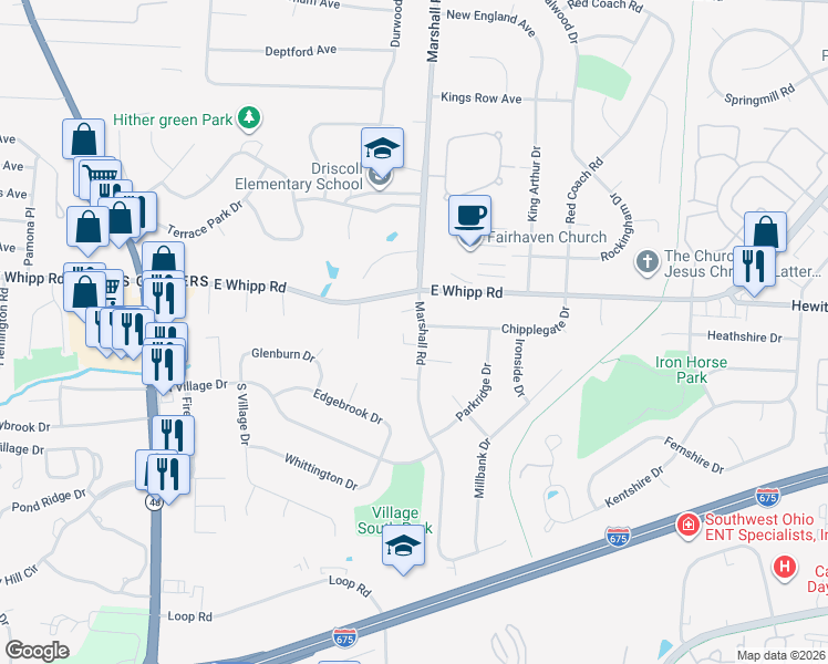 map of restaurants, bars, coffee shops, grocery stores, and more near 6061 Marshall Road in Dayton