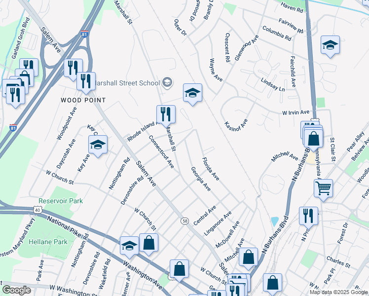 map of restaurants, bars, coffee shops, grocery stores, and more near 1053 Georgia Avenue in Hagerstown