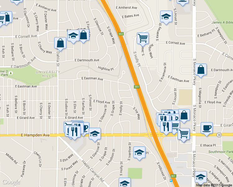 map of restaurants, bars, coffee shops, grocery stores, and more near 3251 South Holly Street in Denver