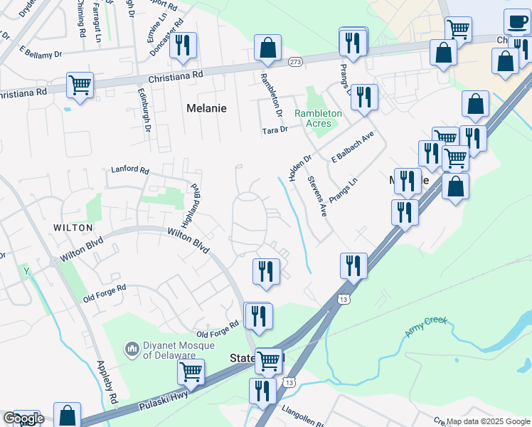 map of restaurants, bars, coffee shops, grocery stores, and more near 2405 Stonebridge Boulevard in New Castle