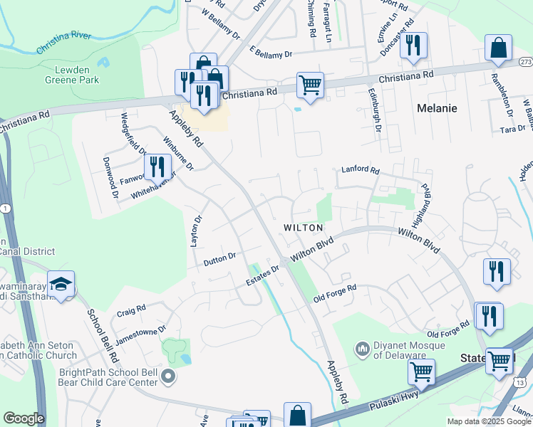 map of restaurants, bars, coffee shops, grocery stores, and more near 12 Carleton Court in New Castle