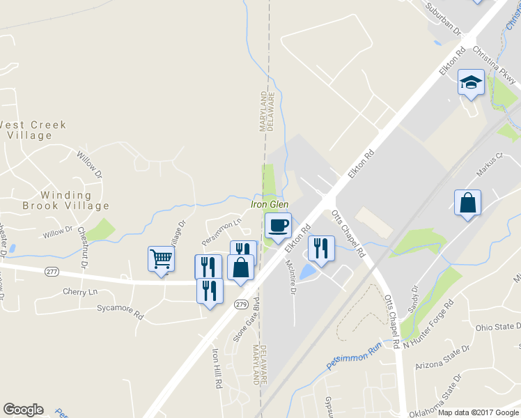map of restaurants, bars, coffee shops, grocery stores, and more near 36 Whitetail Way in Elkton