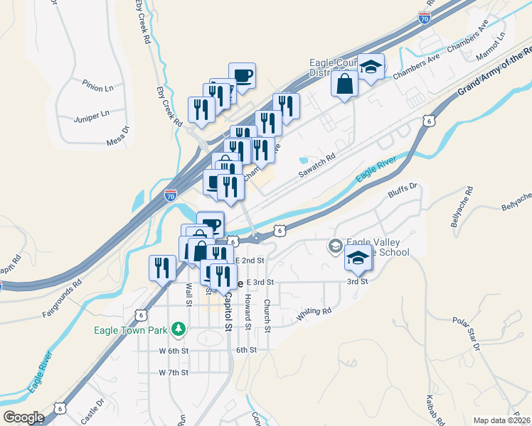 map of restaurants, bars, coffee shops, grocery stores, and more near 17645 Hwy 6 in Eagle