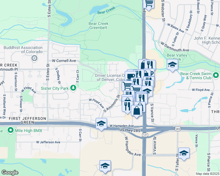 map of restaurants, bars, coffee shops, grocery stores, and more near 3315 South Ammons Street in Lakewood