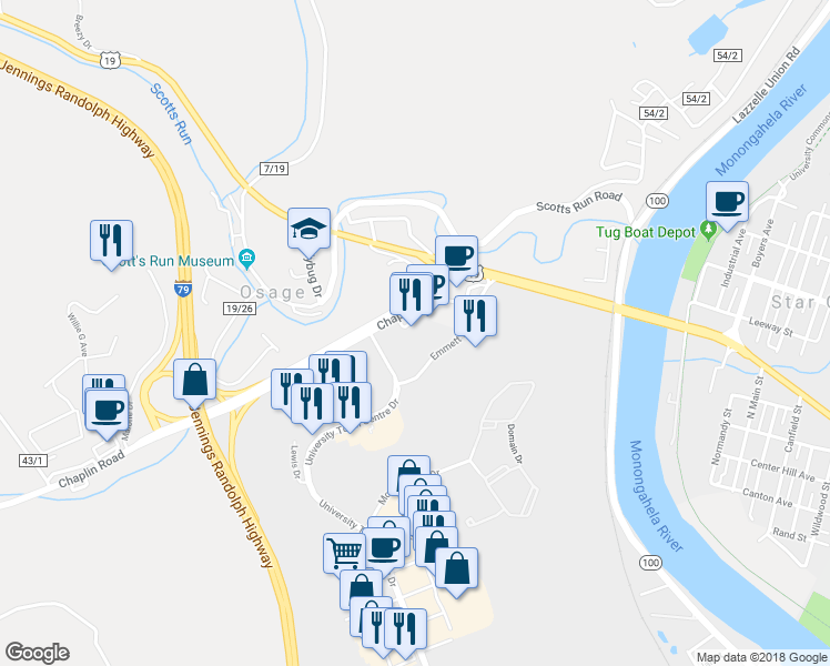 map of restaurants, bars, coffee shops, grocery stores, and more near 17 Chaplin Road in Morgantown