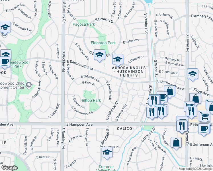 map of restaurants, bars, coffee shops, grocery stores, and more near in Aurora