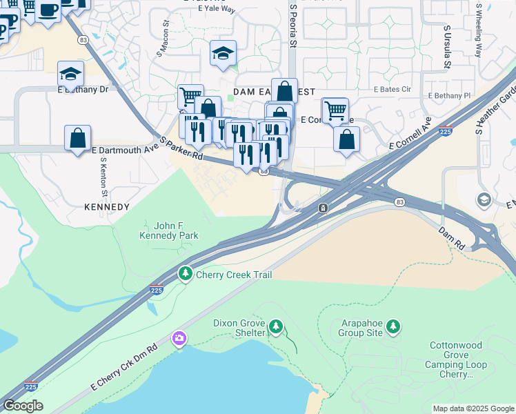 map of restaurants, bars, coffee shops, grocery stores, and more near 3257 South Parker Road in Aurora