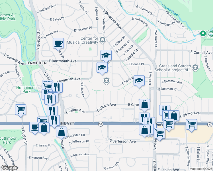 map of restaurants, bars, coffee shops, grocery stores, and more near 3305 South Valentia Court in Denver