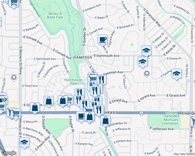 map of restaurants, bars, coffee shops, grocery stores, and more near in Denver