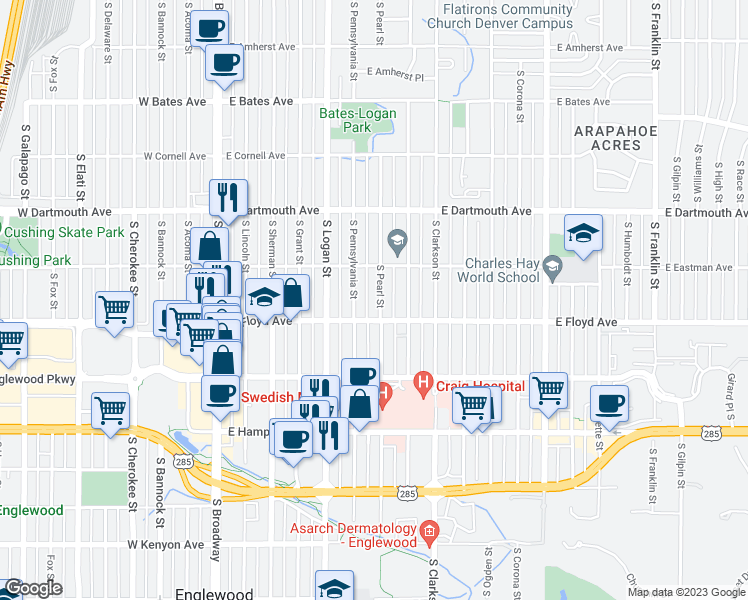 map of restaurants, bars, coffee shops, grocery stores, and more near 3296 South Pearl Street in Englewood