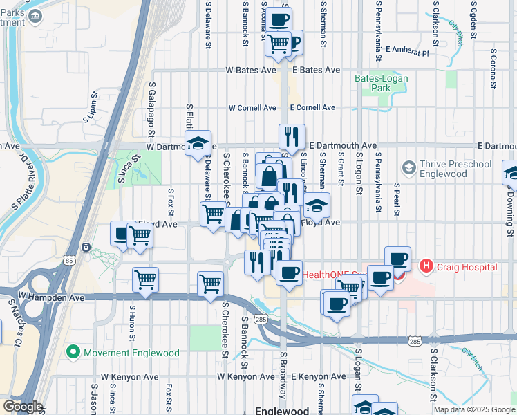 map of restaurants, bars, coffee shops, grocery stores, and more near 3270 South Bannock Street in Englewood