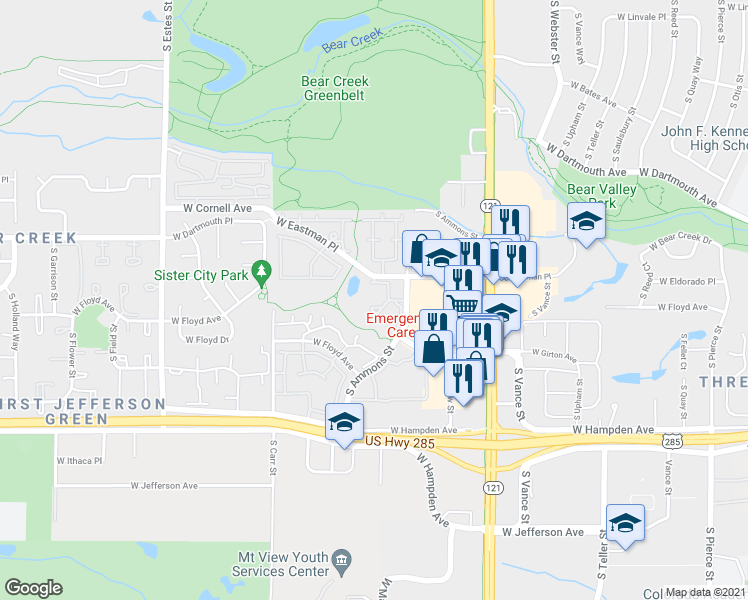 map of restaurants, bars, coffee shops, grocery stores, and more near 3315 South Ammons Street in Lakewood
