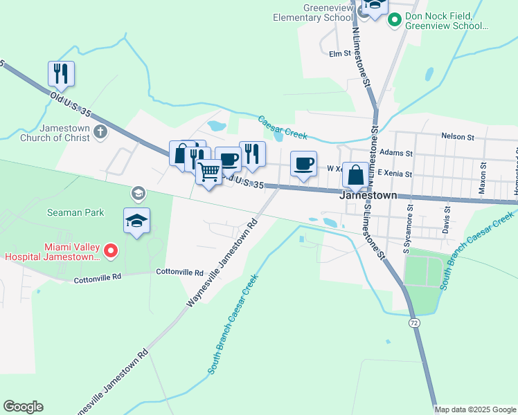 map of restaurants, bars, coffee shops, grocery stores, and more near 5129 Waynesville Jamestown Road in Jamestown