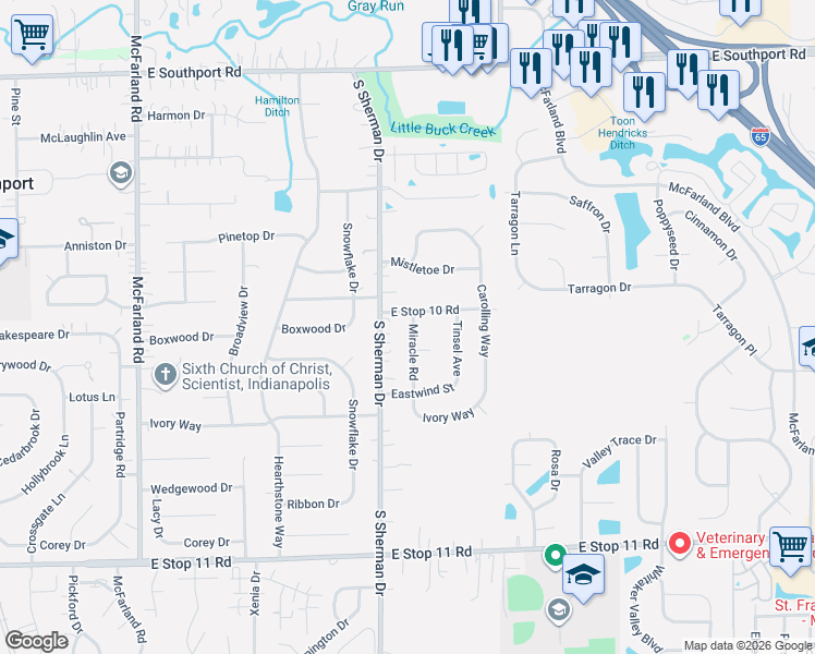 map of restaurants, bars, coffee shops, grocery stores, and more near 7535 Miracle Road in Indianapolis
