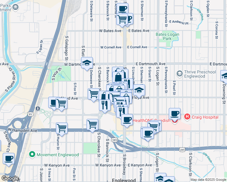 map of restaurants, bars, coffee shops, grocery stores, and more near 3270 South Bannock Street in Englewood