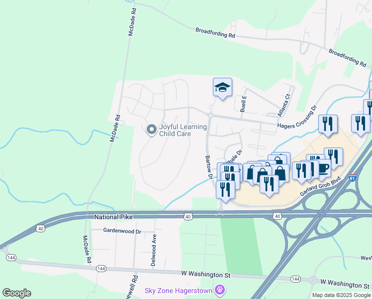 map of restaurants, bars, coffee shops, grocery stores, and more near 12422 Fallen Timbers Circle in Hagerstown