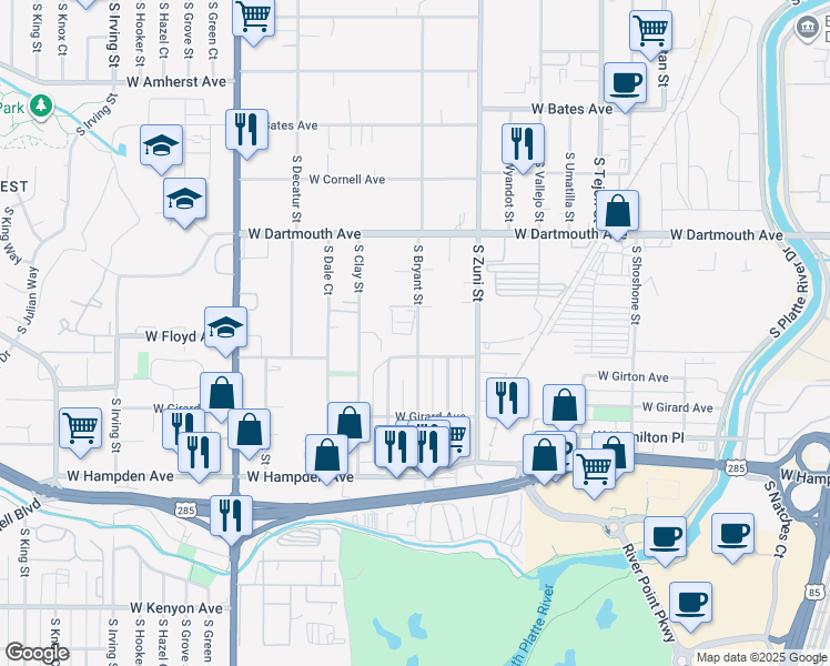 map of restaurants, bars, coffee shops, grocery stores, and more near 3285 South Bryant Street in Englewood