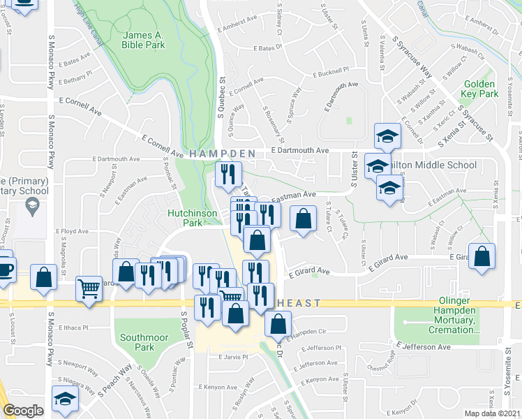 map of restaurants, bars, coffee shops, grocery stores, and more near 3200 S Tamarac Dr in Denver