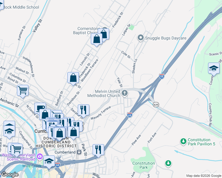 map of restaurants, bars, coffee shops, grocery stores, and more near 467 Baltimore Avenue in Cumberland