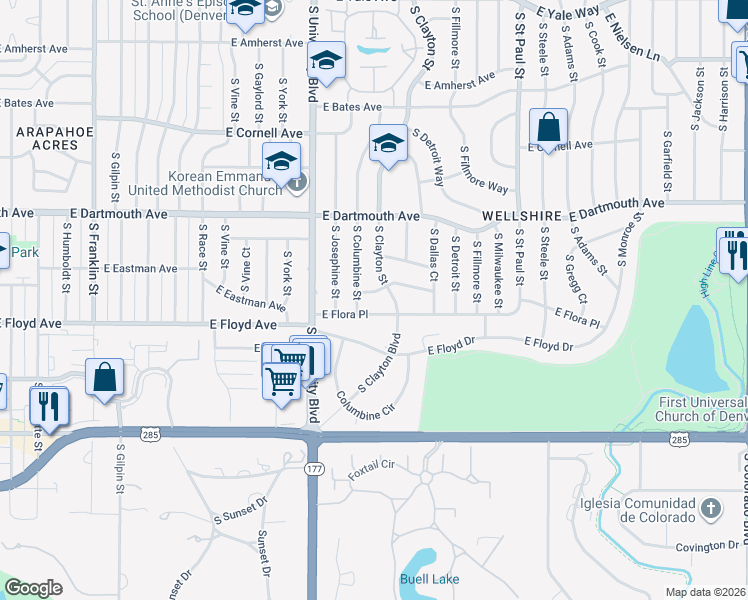 map of restaurants, bars, coffee shops, grocery stores, and more near 2600 East Flora Place in Denver
