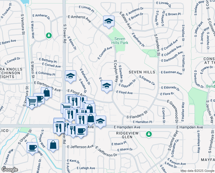 map of restaurants, bars, coffee shops, grocery stores, and more near 3268 South Cathay Circle in Aurora