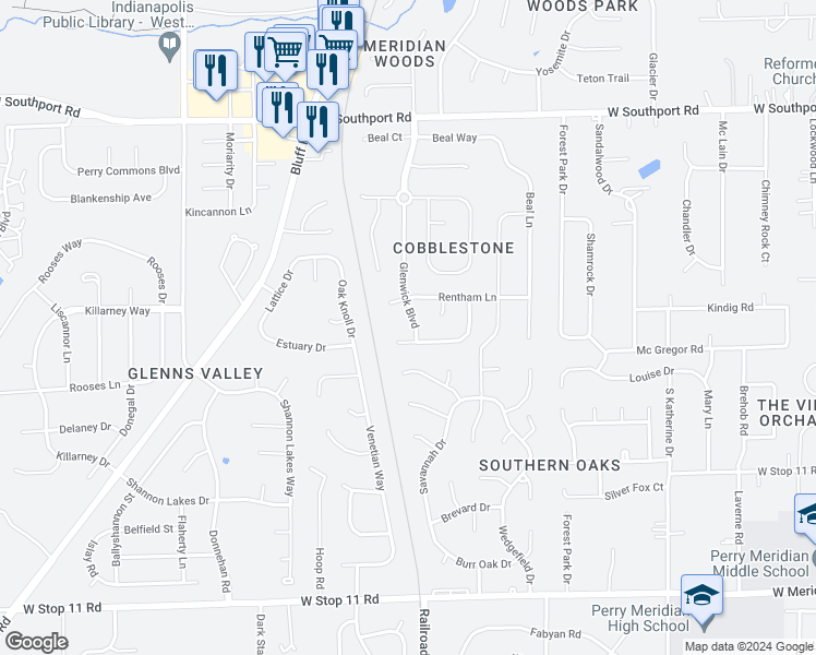 map of restaurants, bars, coffee shops, grocery stores, and more near 7424 Glenwick Boulevard in Indianapolis
