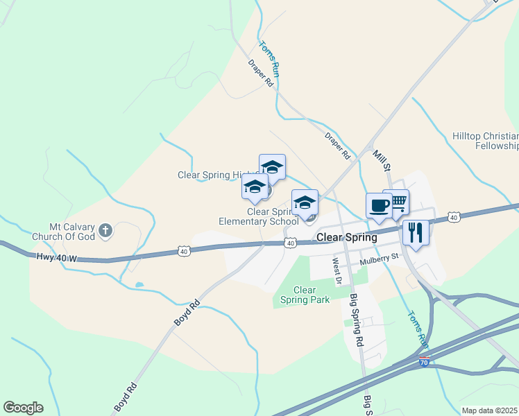map of restaurants, bars, coffee shops, grocery stores, and more near 12630 Broadfording Road in Clear Spring