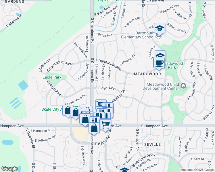 map of restaurants, bars, coffee shops, grocery stores, and more near 3287 South Idalia Street in Aurora