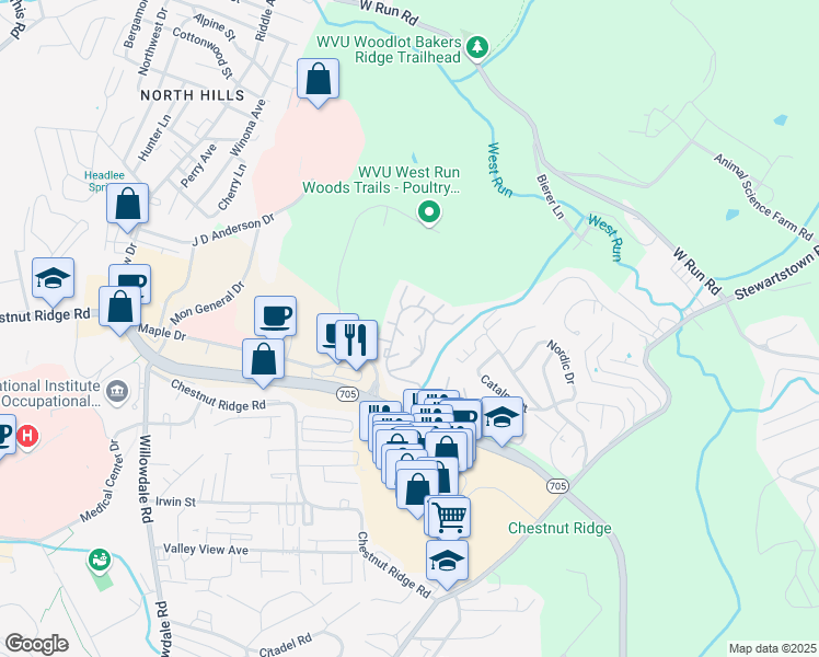 map of restaurants, bars, coffee shops, grocery stores, and more near 1324 Suncrest Village in Morgantown